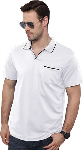Men's Polo Shirt Short Sleeve V Neck Casual Classic Lightweight Tees Golf Cotton Stylish T-Shirt with Pocket in Kuwait