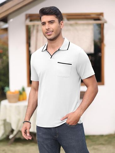Men's Polo Shirt Short Sleeve V Neck Casual Classic Lightweight Tees Golf Cotton Stylish T-Shirt with Pocket in Kuwait