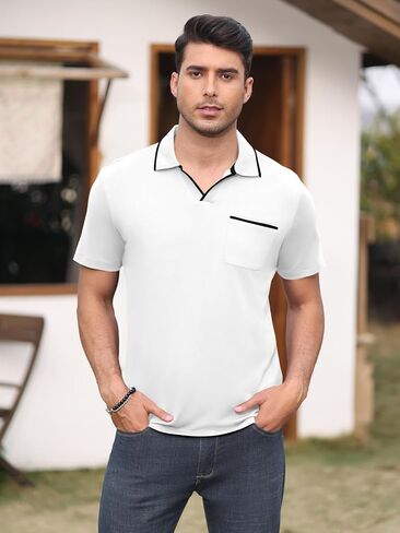 Men's Polo Shirt Short Sleeve V Neck Casual Classic Lightweight Tees Golf Cotton Stylish T-Shirt with Pocket in Kuwait