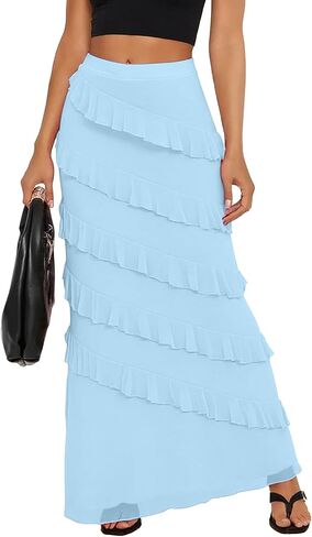 HOCILLE Women's Sexy Maxi Bodycon Skirt High Waisted Ruffle Mesh Party Long Skirts in Saudi Arabia