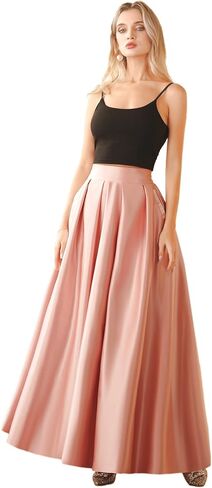 Women’s A-Line Satin Flared Maxi Skirt Long Floor Length High Waist Formal Prom Party Skirts with Pockets in Saudi Arabia