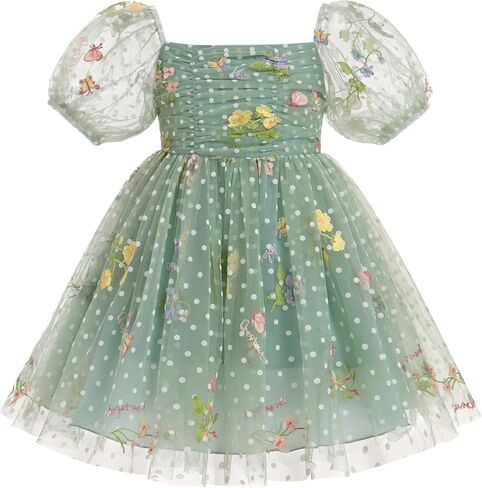 IBTOM CASTLE Toddlers Girls Floral Embroidery Birthday Dress Short Puff Sleeve Dress Polka Dot Princess Party Dress in Kuwait