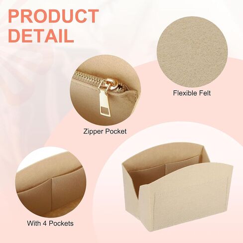 uxcell Purse Organizer Insert, Portable Felt Organizer Bags with Metal Zipper Multiple Compartments Purse Liner for Domed Satchel, Tote Bag, Handbag Shaper (8" x 4" x 5.5", Beige) in Saudi Arabia