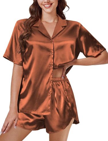 Ekouaer Silk Pajama Sets Womens Short Sleeve Sleepwear Satin 2 قطعة زر أسفل Loungewear PJS STRES ST-XXL in Kuwait