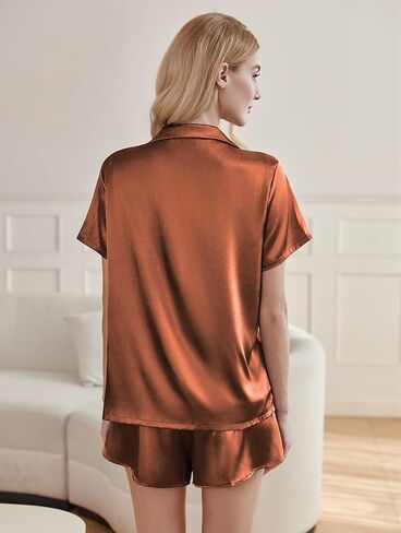 Ekouaer Silk Pajama Sets Womens Short Sleeve Sleepwear Satin 2 قطعة زر أسفل Loungewear PJS STRES ST-XXL in Kuwait