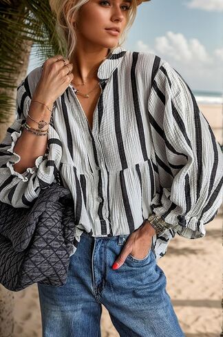 Maketina المرأة غير الرسمية V الرقبة مخططة الأكمام البلوزات القطن لطيف لطياف الفضفاضة زر التدفق أسفل القمصان أسفل in Kuwait