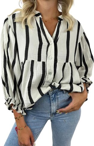 Maketina المرأة غير الرسمية V الرقبة مخططة الأكمام البلوزات القطن لطيف لطياف الفضفاضة زر التدفق أسفل القمصان أسفل in Kuwait