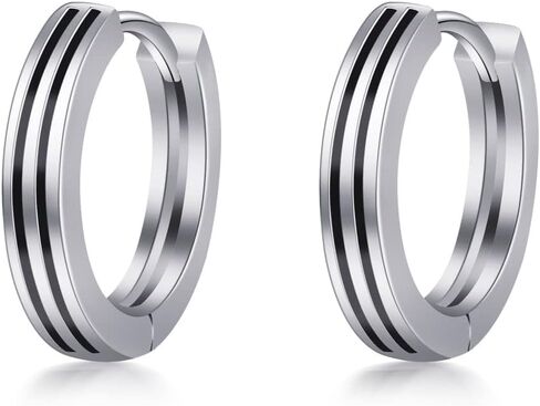 Immobird Hoop Earrings Men 925 Sterling Silver Ear Pins Minimalistic Black Stripe Men Hoop Earrings for Father Boyfriend or Brother in Kuwait