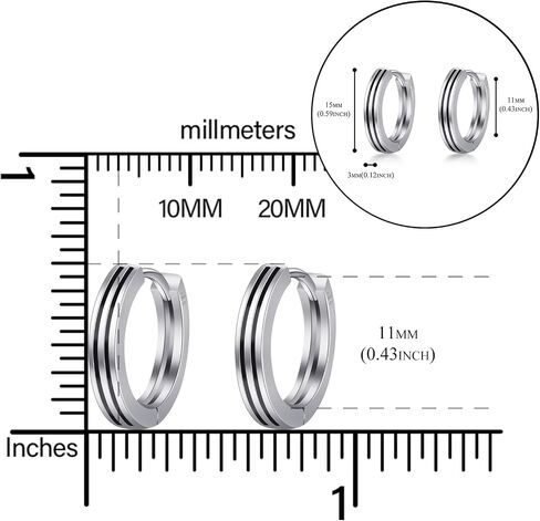 Immobird Hoop Earrings Men 925 Sterling Silver Ear Pins Minimalistic Black Stripe Men Hoop Earrings for Father Boyfriend or Brother in Kuwait