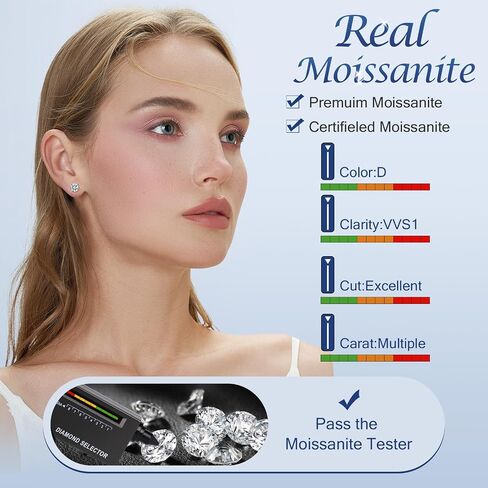 Moissanite Stud Earrings for Women Men, 0.6-6CT D Color Round Cut Four Prong Moissanite Earrings,18K Gold Plated Silver Lab Created Moissanite Earrings in Kuwait