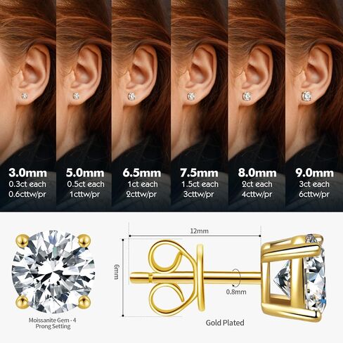 Moissanite Stud Earrings for Women Men, 0.6-6CT D Color Round Cut Four Prong Moissanite Earrings,18K Gold Plated Silver Lab Created Moissanite Earrings in Kuwait