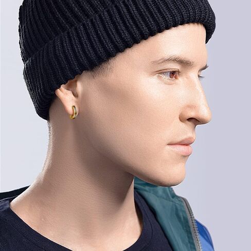 Immobird Hoop Earrings Men 925 Sterling Silver Ear Pins Minimalistic Black Stripe Men Hoop Earrings for Father Boyfriend or Brother in Kuwait