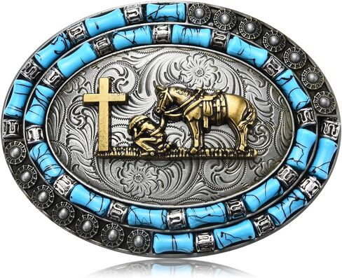 Western Cowboy Belt Buckle for Men Women, Texas American Religious Belt Buckles Turquoise Bead Halloween in Saudi Arabia