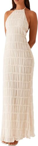 Argeousgor Women Halter Neck Backless Summer Dresses 2025 Sleeveless Tiered Ruffle A-Line Flowy Cocktail Party Maxi Dress in Kuwait