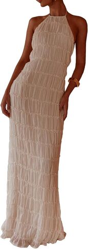 Argeousgor Women Halter Neck Backless Summer Dresses 2025 Sleeveless Tiered Ruffle A-Line Flowy Cocktail Party Maxi Dress in Kuwait