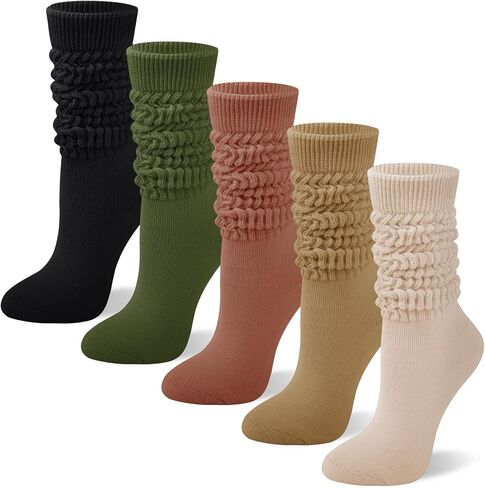5 Pairs Slouchy Socks for Women, Soft Cotton Long Scrunch Tube Stockings, Casual Crew Boot Thick Knit Slouch Socks in Saudi Arabia