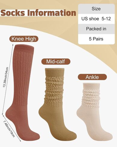 5 Pairs Slouchy Socks for Women, Soft Cotton Long Scrunch Tube Stockings, Casual Crew Boot Thick Knit Slouch Socks in Saudi Arabia