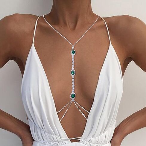 Body Chain Green Gemstone Chest Chain Sexy Fashion Water Diamond Premium Body Chain for Women in Saudi Arabia