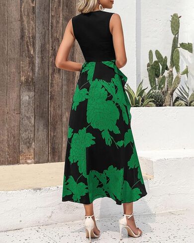 BTFBM Women Casual Sleeveless Summer Dresses 2023 Spring Crewneck Patchwork Boho Floral Ruffle Cocktail Party Midi Dress in Kuwait