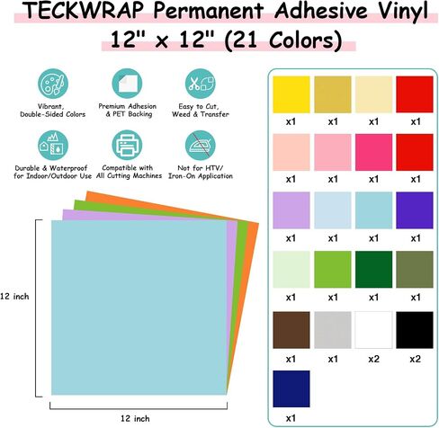 TECKWRAP 50 حزمة من صفائح الفينيل اللاصقة الدائمة مقاس 30.48 سم × 30.48 سم، 48 لونًا متنوعًا (لامع وغير لامع) مع شريطي نقل للحرف اليدوية، ملصق ديكور متوافق مع آلات القطع in Kuwait
