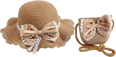 Little Girls Bowknot Straw Hat Cute Woven Sunblock Hat with Straw Shoulder Bag Packable Summer Beach Cap Wide Brim in Saudi Arabia