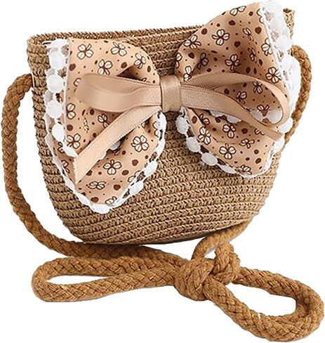 Little Girls Bowknot Straw Hat Cute Woven Sunblock Hat with Straw Shoulder Bag Packable Summer Beach Cap Wide Brim in Saudi Arabia