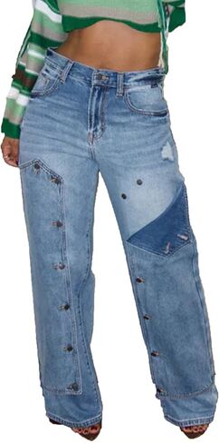 Tbahhir Baggy Cargo Jeans for Women Distressed Irregular High Waisted Wide Leg Boyfriend Y2K Denim Pants with Pockets in Kuwait