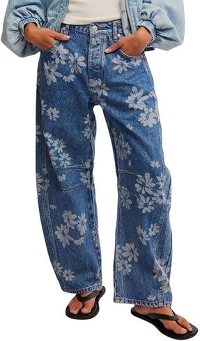 Women Barrel Jeans Casual Wide Leg Baggy Daisy Printed Pants Y2k Boyfriend Mid Rise Denim Ankle Pants in Kuwait