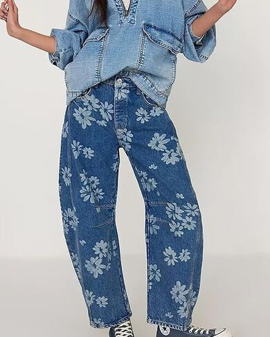Women Barrel Jeans Casual Wide Leg Baggy Daisy Printed Pants Y2k Boyfriend Mid Rise Denim Ankle Pants in Kuwait