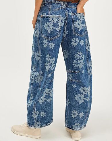 Women Barrel Jeans Casual Wide Leg Baggy Daisy Printed Pants Y2k Boyfriend Mid Rise Denim Ankle Pants in Kuwait