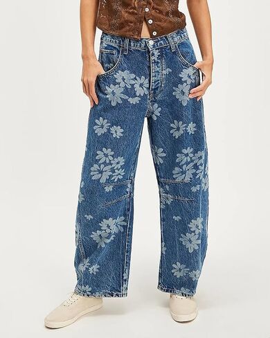 Women Barrel Jeans Casual Wide Leg Baggy Daisy Printed Pants Y2k Boyfriend Mid Rise Denim Ankle Pants in Kuwait