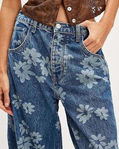 Women Barrel Jeans Casual Wide Leg Baggy Daisy Printed Pants Y2k Boyfriend Mid Rise Denim Ankle Pants in Kuwait