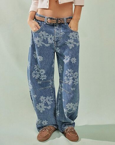 Women Barrel Jeans Casual Wide Leg Baggy Daisy Printed Pants Y2k Boyfriend Mid Rise Denim Ankle Pants in Kuwait