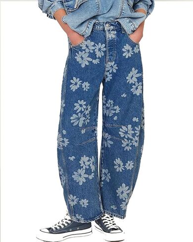 Women Barrel Jeans Casual Wide Leg Baggy Daisy Printed Pants Y2k Boyfriend Mid Rise Denim Ankle Pants in Kuwait