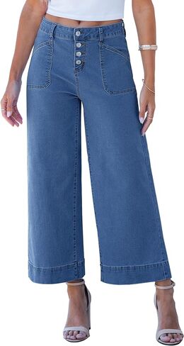 luvamia Wide Leg Jeans for Women Cropped High Waisted Trendy Button Fly Patch Pocket Stretchy Denim Pants Trousers Jeans in Saudi Arabia
