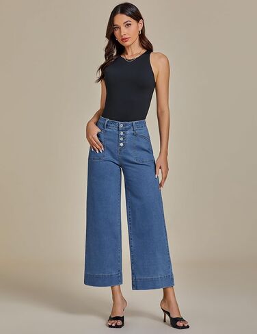 luvamia Wide Leg Jeans for Women Cropped High Waisted Trendy Button Fly Patch Pocket Stretchy Denim Pants Trousers Jeans in Saudi Arabia