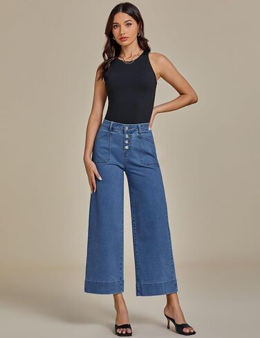 luvamia Wide Leg Jeans for Women Cropped High Waisted Trendy Button Fly Patch Pocket Stretchy Denim Pants Trousers Jeans in Saudi Arabia