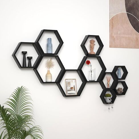 WONFUlity Hexagon Floating Shelves Honeycomb Shelves Wall Mounted Wood Farmhouse Storage Wall Shelf for Bathroom, Kitchen, Bedroom, Living Room,Driftwood Finish Wall Decor,Dark Brwon in Kuwait