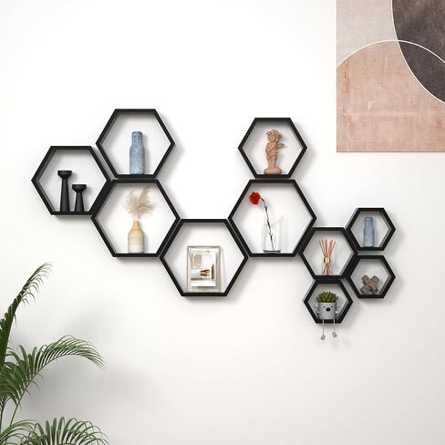 WONFUlity Hexagon Floating Shelves Honeycomb Shelves Wall Mounted Wood Farmhouse Storage Wall Shelf for Bathroom, Kitchen, Bedroom, Living Room,Driftwood Finish Wall Decor,Dark Brwon in Kuwait