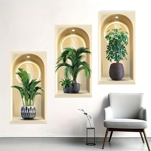 ملصق حائط ثلاثي الأبعاد للنباتات الخضراء، 4 قطع مزهريات ثلاثية الأبعاد ملصقات حائط على شكل زهرة لديكور غرفة المعيشة وغرفة النوم والمطبخ، ملصقات نباتية ثلاثية الأبعاد للنباتات الخضراء (نباتات ثلاثية الأبعاد) in Kuwait