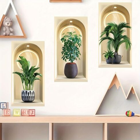 ملصق حائط ثلاثي الأبعاد للنباتات الخضراء، 4 قطع مزهريات ثلاثية الأبعاد ملصقات حائط على شكل زهرة لديكور غرفة المعيشة وغرفة النوم والمطبخ، ملصقات نباتية ثلاثية الأبعاد للنباتات الخضراء (نباتات ثلاثية الأبعاد) in Kuwait