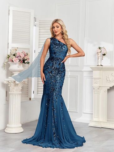One Shoulder Glitter Mermaid Dress for Mother of The Bride Women's Sexy Sequin Formal Gown in Kuwait