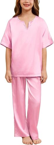 QPANCY Girls Silk Pajamas 2 Piece Short Sleeve Pjs Set Kids Satin Pajamas V Neck Shirt with Long Pant Soft Loungewear in Saudi Arabia