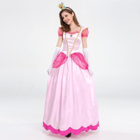 Princess Peach Costume Adult Puff Sleeve Long Dress+Glove +Crown 3Pcs Fairy Outfit Halloween Christmas Carnival Cosplay in Saudi Arabia
