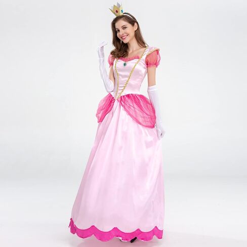 Princess Peach Costume Adult Puff Sleeve Long Dress+Glove +Crown 3Pcs Fairy Outfit Halloween Christmas Carnival Cosplay in Saudi Arabia
