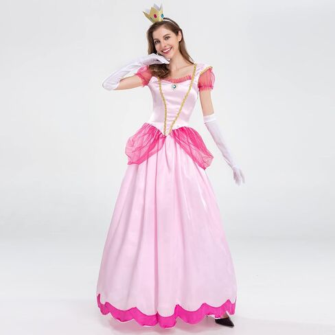 Princess Peach Costume Adult Puff Sleeve Long Dress+Glove +Crown 3Pcs Fairy Outfit Halloween Christmas Carnival Cosplay in Saudi Arabia