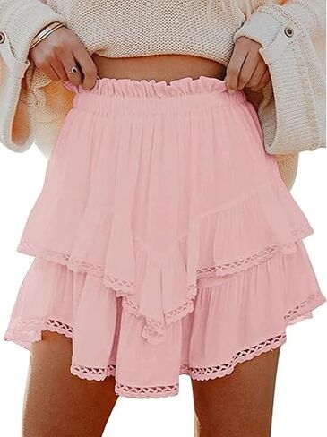 شورت Springcmy Womens Flowy Summer Boho High Weist Mini Pleated Tiered Tiered Tiered Golf Tennis Shorts Skirts in Kuwait