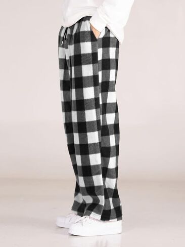 ZAFUL Men's Plaid Print Casual Pants Loose Fit Straight Plush Pajama Pants Fleece Sweatpants Drawstring Waist Lounge Joggers in Saudi Arabia