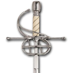 Windlass Renaissance Deschaux High Carbon Steel Rapier 3 Ring Swept Hilt Sword with Wire Wrapped Faux Bone Grip and Leather Scabbard