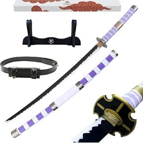 قطعة واحدة Katana Triple - Roronoa Zoro Shusui Wado Ichimonji Kitetsu - Three Manga Replica Saber + Wooden Sword Holder + Belt - Catana Cosplay Decoration - Ninja Deco Costume